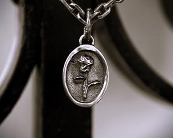 Colgante de rosa de plata de ley – Collar talismán oxidado, estilo rústico bohemio