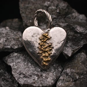 Sterling Silver 925 Patched Heart Pendant, Boho Rustic Style with Gold Accents (30mm Height, Lost Wax Casting, Healing Jewelry)