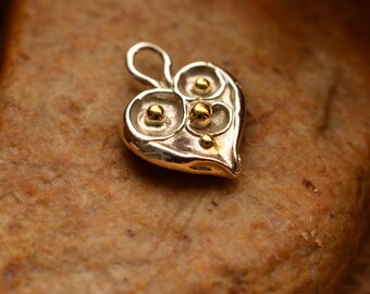 Heart Pendant Gift Sterling Silver 925: Dewdrop Gold Detail - Handcrafted Boho Rustic Necklace, Organic Heart Symbolism