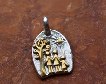 Family Love Token Pendant Necklace, Rustic Boho Style (Sterling Silver 925, Gold Accents, Handcrafted Jewelry)