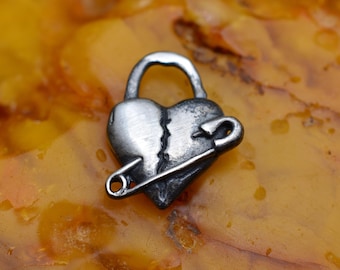 Broken Heart Pendant Sterling Silver 925 - Rustic Boho Safety Pin Necklace - Oxidized Finish, , Courage Gift Jewelry