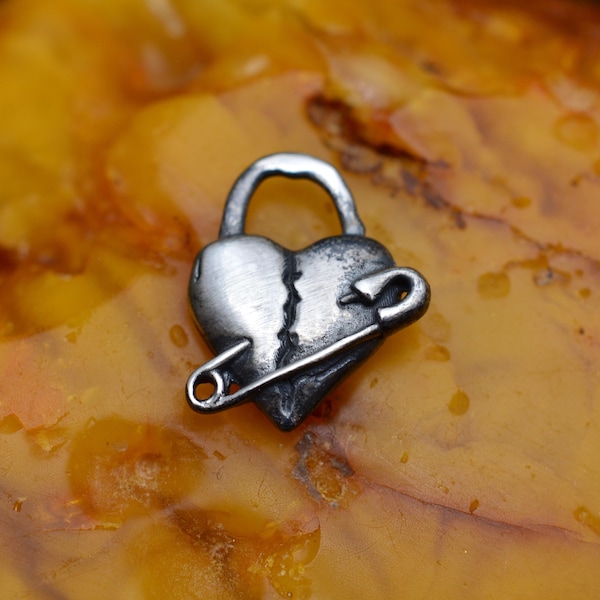Broken Heart Pendant Sterling Silver 925 - Rustic Boho Safety Pin Necklace - Oxidized Finish, , Courage Gift Jewelry
