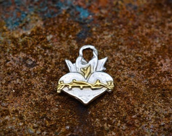 Colgante amuleto del Sagrado Corazón: Plata de ley con detalles en oro.