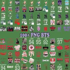 Op de afbeelding: Een verzameling BTS-thema PNG-afbeeldingen op een groene achtergrond. De afbeelding bevat verschillende afbeeldingen van de bandleden, logo's en tekst zoals "100+ PNG BTS" en individuele ledennummers. De afbeeldingen zijn in rood, wit en zwart.