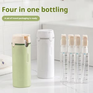 May include: A travel set featuring a light green outer container, a white outer container, and four clear rectangular spray bottles with measurement markings up to 30ml. The text "Four in one bottling" and "A set of travel packaging is ready" is visible.