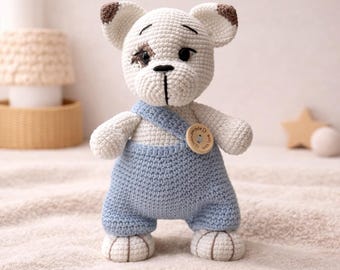 Bambolina a forma di cane all'uncinetto con salopette, giocattolo a forma di cucciolo fatto a mano, un simpatico regalo per neonati.