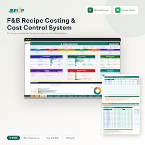 May include: A digital display of a spreadsheet titled "F&B Recipe Costing & Cost Control System" for restaurants and food businesses. The screen shows data tables, charts, and the text "Cafe & Tea House". The image also includes the Microsoft Excel and Google Sheets logos.