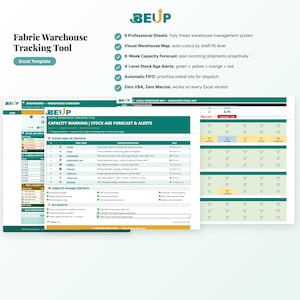 Könnte beinhalten: Excel-Vorlage zur Verfolgung von Stofflagern. Das Bild zeigt ein detailliertes Dashboard mit Datenvisualisierungen, einschließlich Lagerbestandsalarme und Kapazitätsprognosen. Enthält eine visuelle Lagerkarte und automatische FIFO-Funktion.