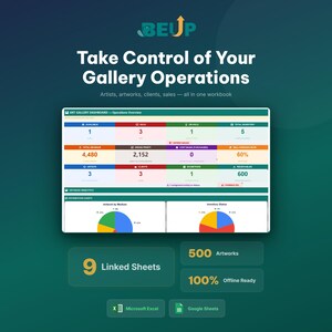 Puede incluir: Un panel digital con el texto "Take Control of Your Gallery Operations". El panel muestra visualizaciones de datos, incluidos gráficos y datos numéricos, con el texto "500 obras de arte" y "100% sin conexión".