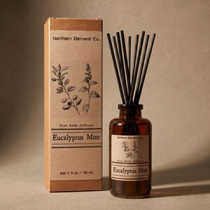 May include: A brown glass diffuser bottle with black reeds and a matching box. The box and bottle label read "Eucalyptus Mint" and "Northern Element Co." The box also states "Net 4 fl oz / 118 ml."