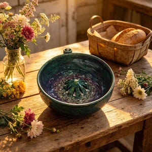 May include: A handcrafted, dark green ceramic citrus juicer with a built-in reamer. The juicer has a handle and a textured interior. The image also shows a basket of bread, a vase of flowers, and a wooden table.