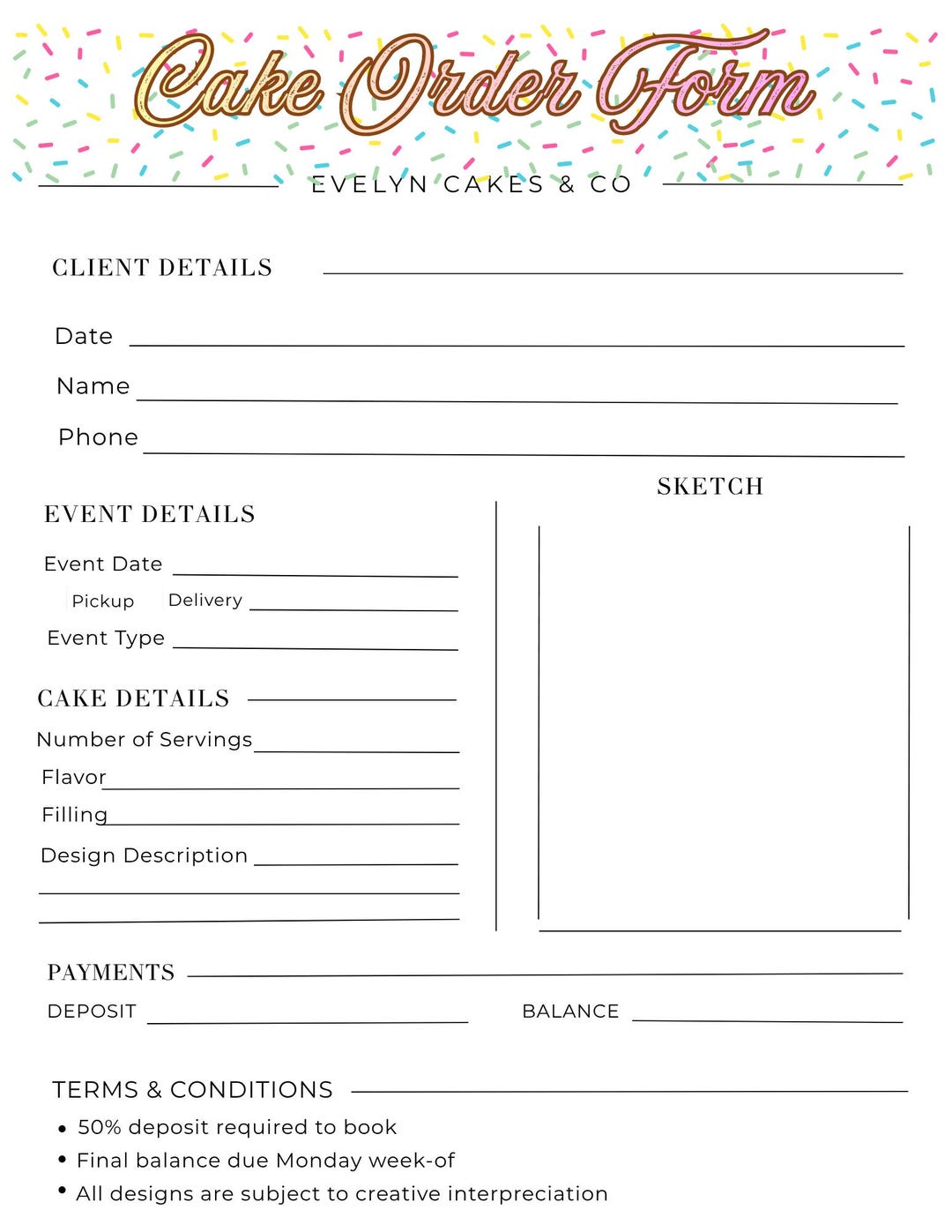 Editable Cake Order Form Template | Canva + Fillable PDF | Bakery ...