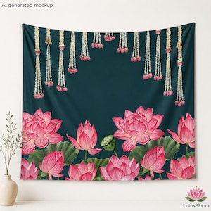 May include: A rectangular wall tapestry featuring a dark teal background with a printed design of pink lotus flowers and green leaves along the bottom edge, and hanging strings of white jasmine flowers and small gold bells across the top border.