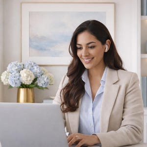 May include: A woman wearing a light beige blazer and a light blue button-down shirt is working on a laptop. She is wearing white earbuds. The background includes a white bookshelf with decorative items and a painting.