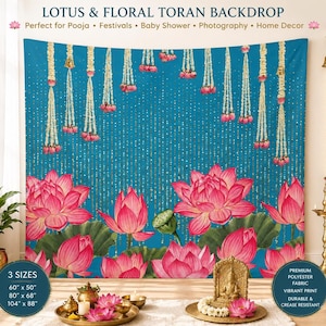 May include: A teal fabric backdrop featuring a printed design of hanging white floral garlands and large pink lotus flowers at the bottom. The background includes vertical gold glitter accents. Text at the top reads LOTUS & FLORAL TORAN BACKDROP.