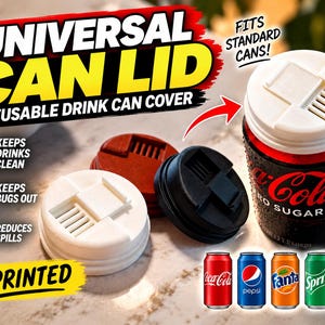 May include: A set of reusable 3D printed universal can lids in white, black, and red. The lids feature a sliding drink opening and are shown attached to a black Coca-Cola Zero Sugar can. Text on the image includes Universal Can Lid, Reusable Drink Can Cover, Fits Standard Cans, Keeps Drinks Clean, Keeps Bugs Out, Reduces Spills, and 3D Printed.