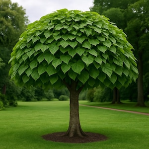 May include: A tree with a dense, perfectly spherical canopy of vibrant green, heart-shaped leaves. The trunk is brown and textured, standing upright in the centre of a manicured lawn. The foliage is layered and uniform, creating a dome shape.