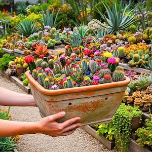May include: A large, rectangular terracotta planter overflowing with a variety of cacti and succulents. The cacti display vibrant colors, including red, pink, yellow, and blue flowers. The planter is held by two hands, with a lush garden background.