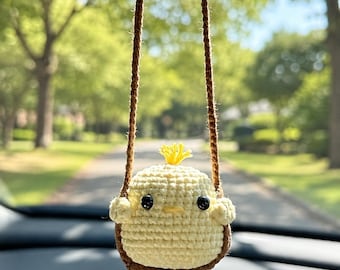 Adorno para coche con forma de pollito de ganchillo, adorno amarillo para espejo retrovisor con forma de pájaro amigurumi, bonito regalo de decoración para coche hecho a mano.