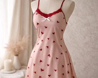 Heart Print Lace Nightdress, Backless Slip Dress, Lightweight Sleepwear, Bow Strap Mini Dress, Soft Elegant Lounge Wear Women