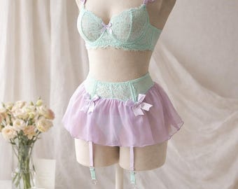 Tulle Lace Lingerie Set, Ruffle Strap Bra Set, Soft Lightweight Intimates, Breathable Elegant Underwear, Romantic Women Lace Set