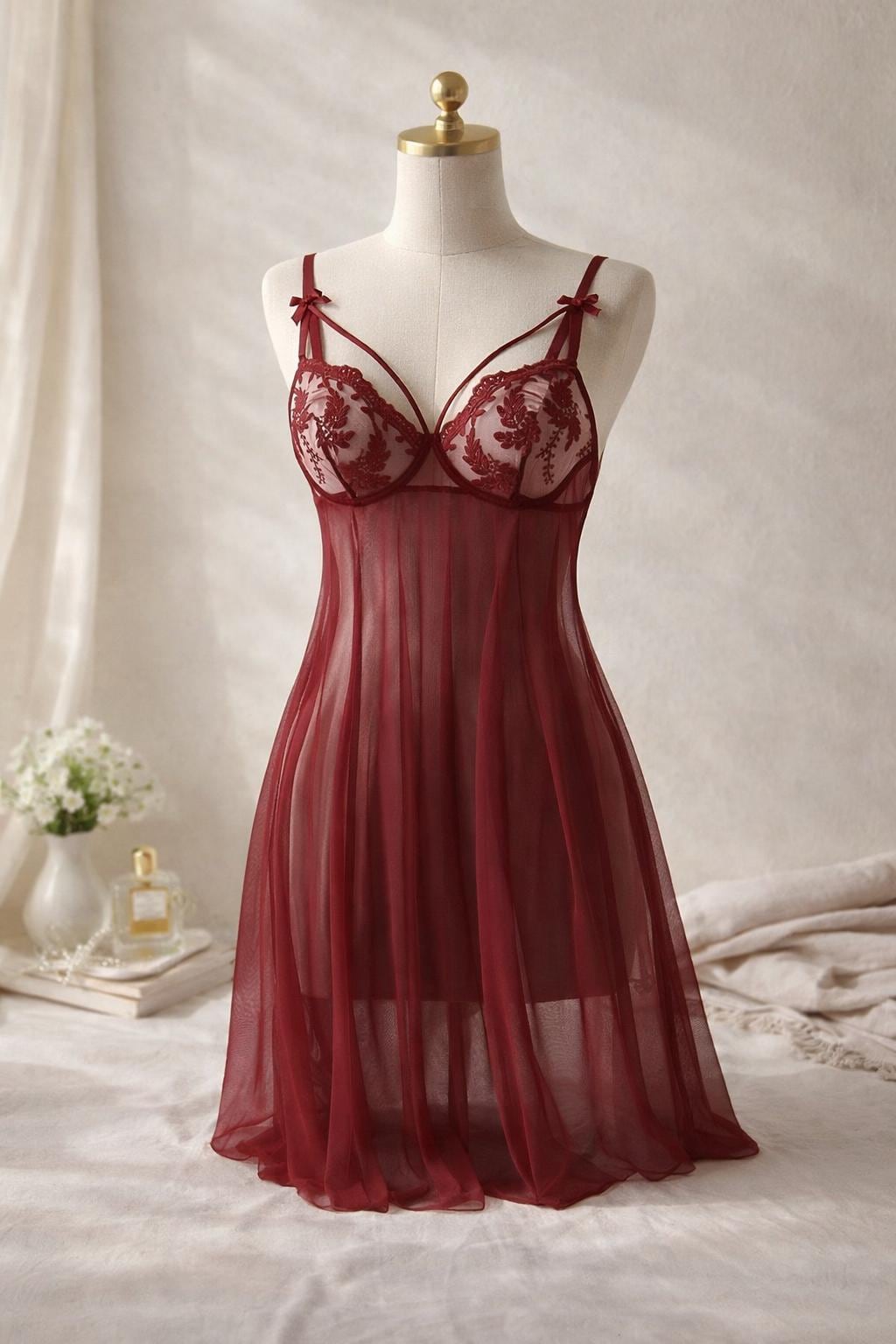 chinese dress ladies Long red silk nightie - Long nightdress Tracy Rouge main image 0