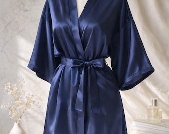 Silk Satin Kimono Robe, Navy Blue Bridesmaid Robe, Lightweight Luxury Sleepwear, Soft Breathable Lounge Robe, Elegant Women Dressing Gown