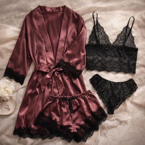 Lace Pajama Set 4 Piece, Robe Camisole Shorts Set, Soft Breathable Sleepwear, Comfortable Lounge Set, Women Elegant Nightwear Burgundy