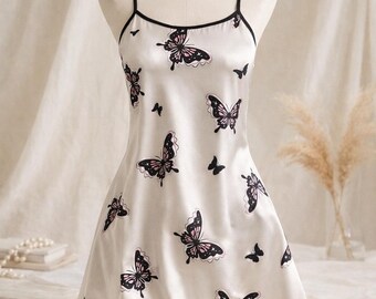 Floral and Butterfly Satin Nightdress, Soft Sleepwear Dress, Lightweight Summer Nightgown, Spaghetti Strap Slip Dress