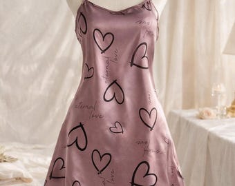 Heart Satin Nightdress, Soft Sleepwear Dress, Lightweight Summer Nightgown, Spaghetti Strap Slip Dress