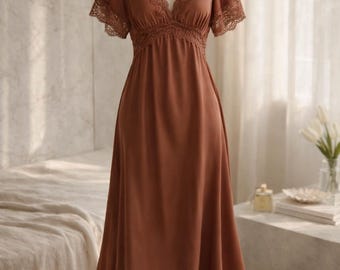 Satin Lace Nightgown, Long Sleep Dress Women, Soft Breathable Nighty, Lightweight Summer Sleepwear, Elegant Lounge Wear