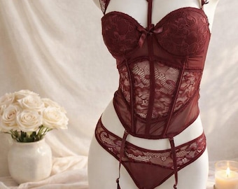Lace Corset Shapewear Set, Bustier Lingerie Set, Firm Control Body Shaper, Soft Stretch Sculpting Wear, Elegant Women Corset Set