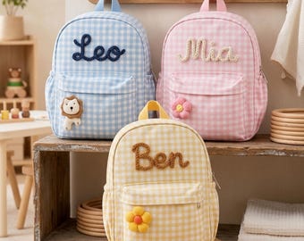 Personalized Toddler Backpack, Gingham Canvas Kids School Bag, Embroidered Name Kindergarten Gift