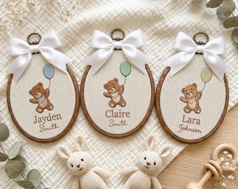 Personalized Bear Embroidery Hoop, Custom Baby Name Nursery Sign, Birth Announcement Decor