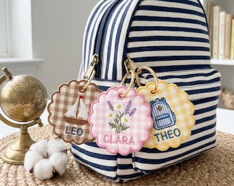 Llavero de cuadros vichy bordado personalizado, adorno para bolso con logotipo personalizado, recuerdo de boda, regalo para mochila infantil