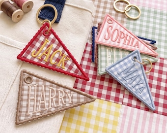 Personalized Embroidered Gingham Pennant Bag Charm, Custom Name Keychain, Preppy Backpack Tag