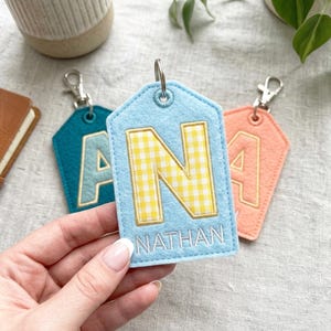 Personalized Embroidered Keychain,  Toddler Bag Charm, Custom Name Bag Tag, Cute Gingham Initial Charm for Backpack, Diaper Lunch Box
