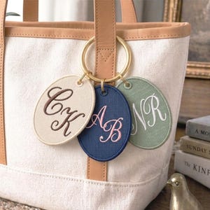 Peut inclure: Un sac fourre-tout crème avec des détails en cuir beige et un anneau doré tenant trois étiquettes ovales brodées. Les étiquettes sont crème, bleu marine et vertes, chacune avec un monogramme de couleur contrastante.