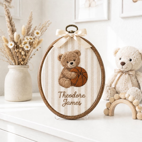 Personalized Teddy Bear Sports Hoop Art, Custom Name Baby Nursery Decor