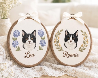 Bastidor de bordado personalizado con retrato de mascota, recuerdo floral para mascotas, decoración de pared estilo boho.