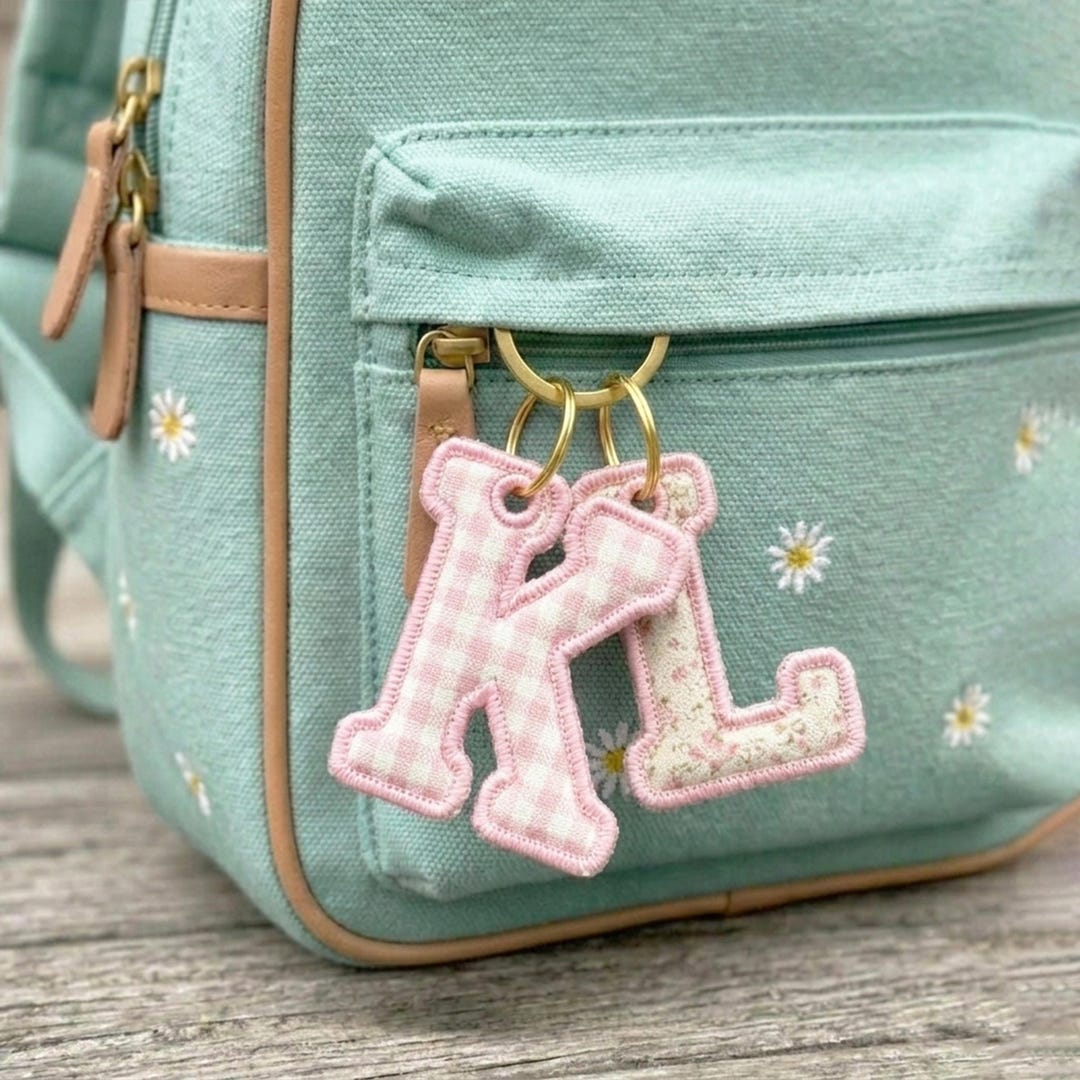 Embroidered Alphabet Bag Charm, Gingham Fabric Initial Keychain ...