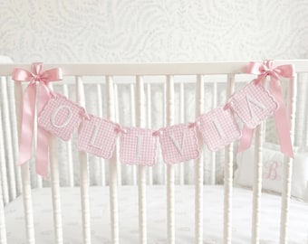 Guirnalda personalizada de cuadros vichy bordada con nombre, guirnalda personalizada para habitación infantil, regalo para baby shower, decoración para sesión de fotos de cumpleaños con pastel.