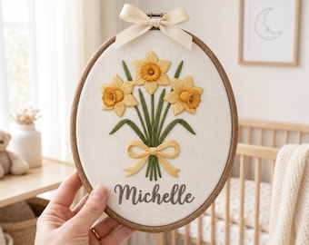 Aro bordado personalizado con la flor de nacimiento, decoración personalizada para la habitación del bebé con nombre, regalo para baby shower.