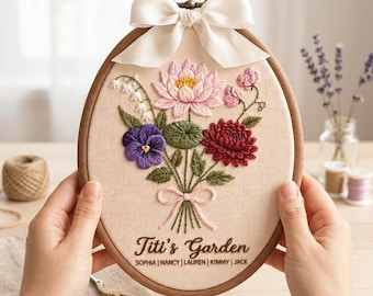 Aro de bordado personalizado con la flor de nacimiento, recuerdo personalizado con nombres de familia y decoración para el jardín.