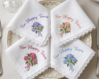 Pañuelo nupcial de lino personalizado, pañuelo de boda de encaje de hortensias, recuerdo "Para lágrimas de felicidad"