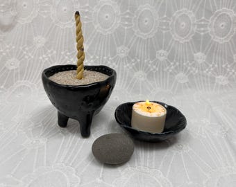 Primitive Style Hand Built Tripod Offering Bowl Set in Satin Black