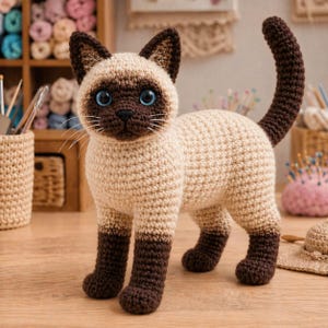 May include: A handmade crochet Siamese cat figurine. The cat has a tan body with dark brown accents on the face, ears, legs, and tail. It features blue eyes and white whiskers. The cat is standing on a wooden surface.