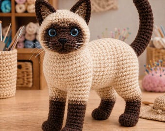 Patrón de ganchillo realista de gato siamés, amigurumi de pie en PDF (descarga instantánea)