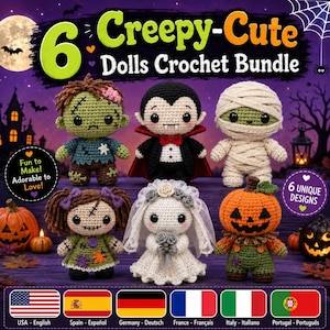 May include: A digital graphic featuring six crocheted dolls: a green zombie, a vampire in a cape, a wrapped mummy, a doll with pigtails, a bride in a white veil, and a pumpkin-headed figure. The text reads 6 Creepy-Cute Dolls Crochet Bundle.
