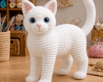 Patrón de ganchillo realista de gato blanco en PDF, peluche amigurumi de pie (descarga instantánea)